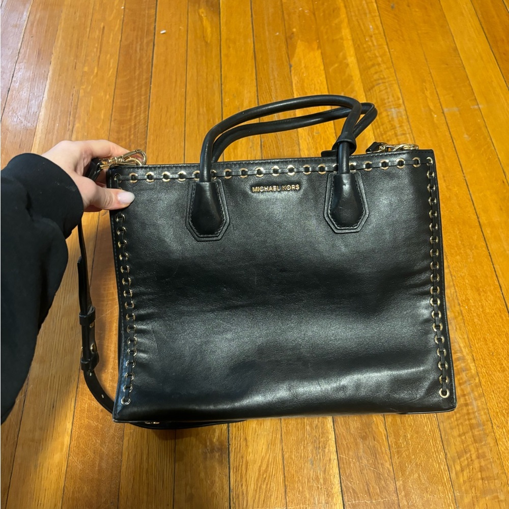 Michael Kors black leather tote with shoulder strap and hand strap